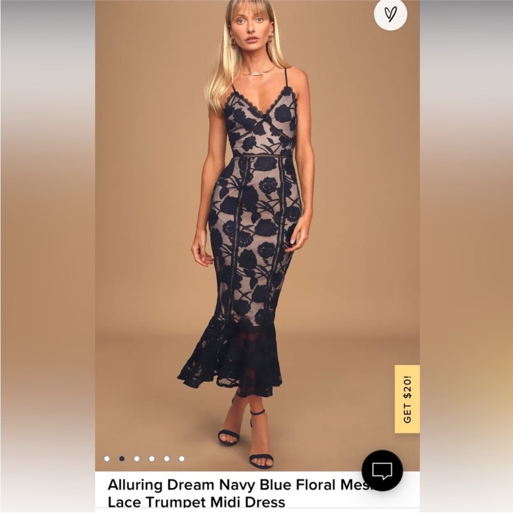 Navy Floral Lace Trumpet Midi Dress